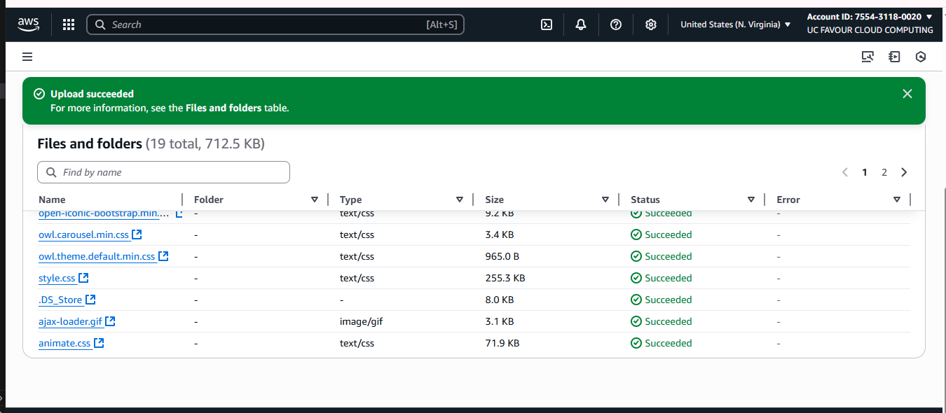 Static website files successfully uploaded to S3